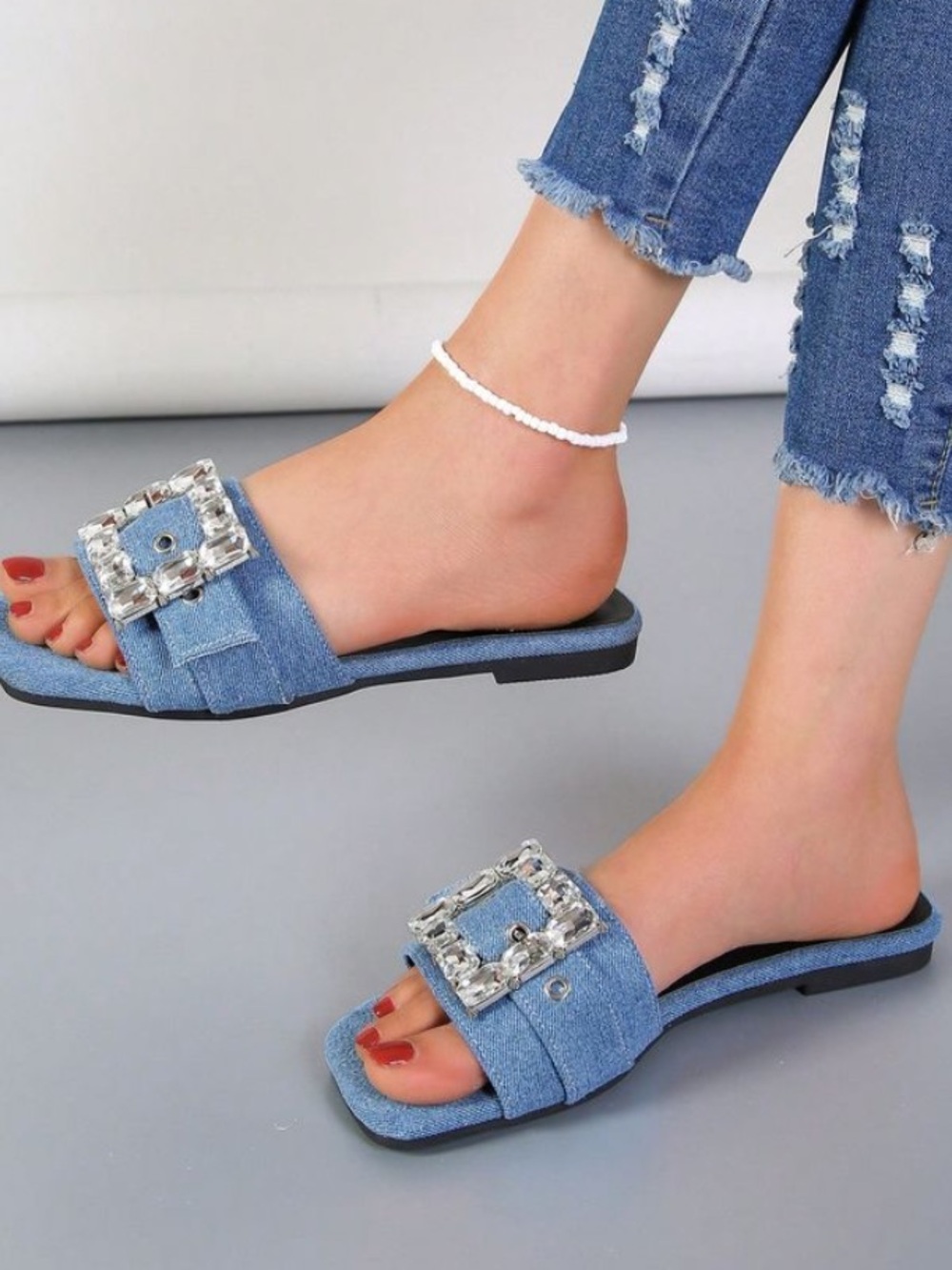 Steve Madden Blue Denim Slide Mules with Crystal Buckle